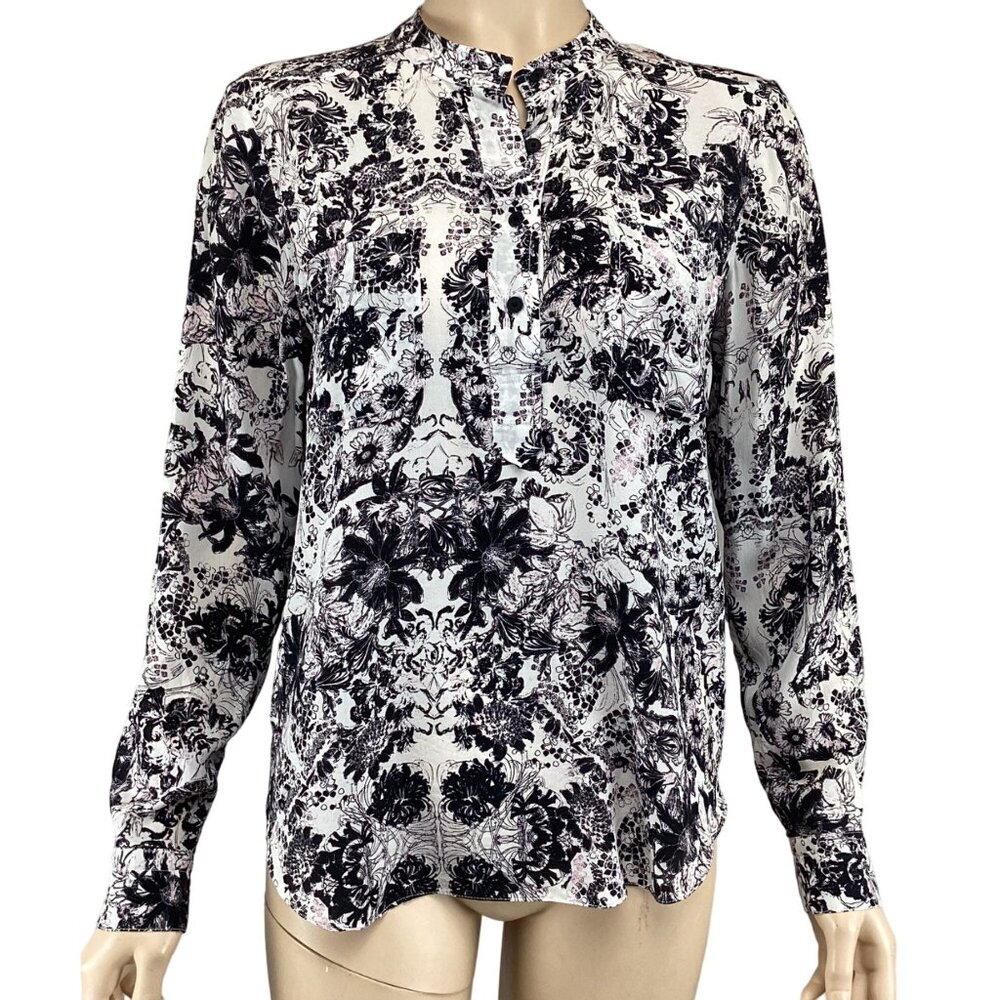 Rebecca Taylor Top Size 4 Black & White Floral Silk Blouse‎ Long Sleeve
